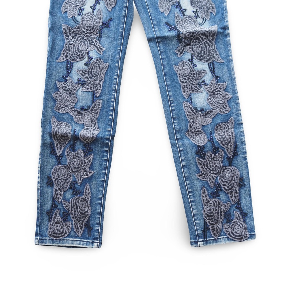 AZI VTG Embellished Floral Skinny Jeans Womens 8 Blue Y2K Stretch Denim Pants - Picture 5 of 13